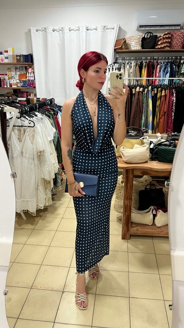 Vestido de Lunares Escote Drapeado y Espalda Afuera