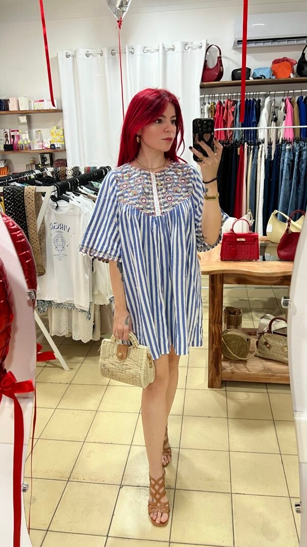 Vestido de Rayas Bordado en el Escote