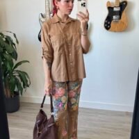 Conjunto de Pantalón Estampado Flores y Blusa Color Entero