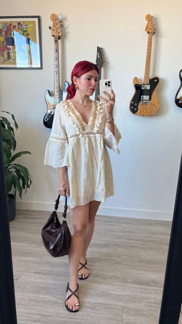 Vestido Tira Bordada Trenza Dorada