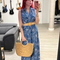 Vestido con Estampado sin Mangas y Cinto de Rafia