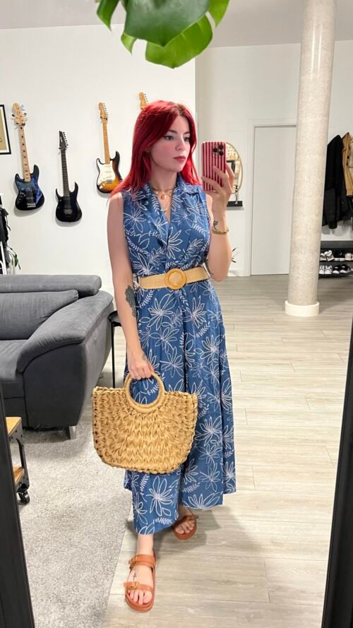 Vestido con Estampado sin Mangas y Cinto de Rafia