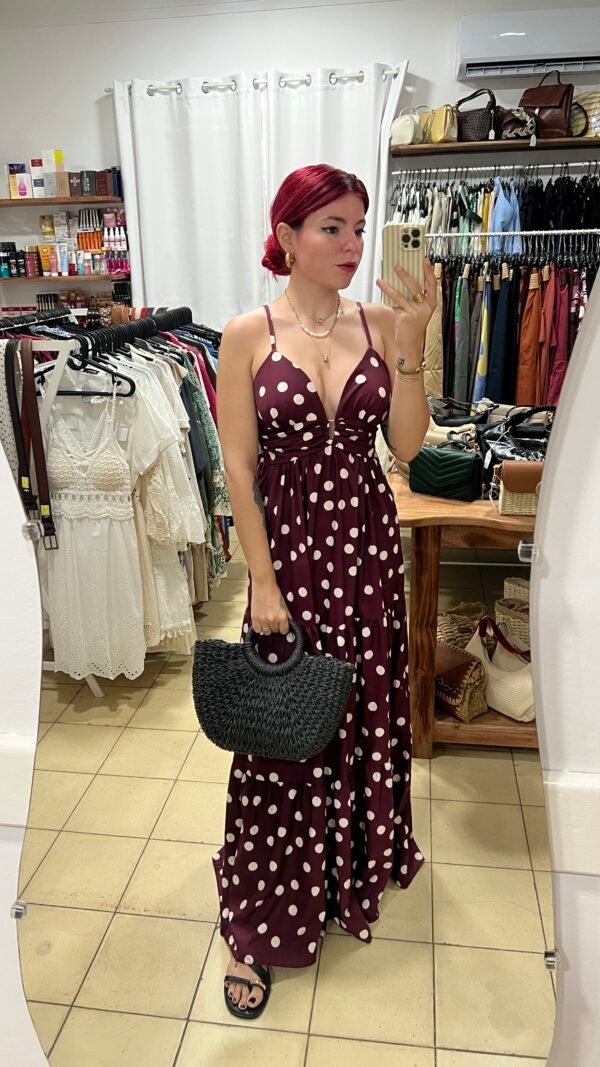 Vestido Largo de Bolas y Adorno en el Escote