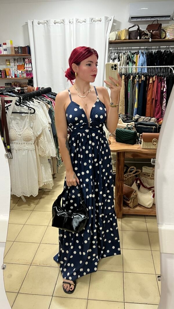 Vestido Largo de Bolas y Adorno en el Escote