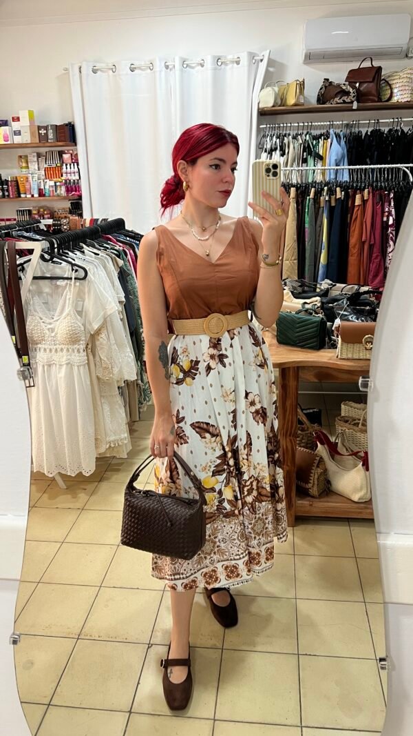Vestido con Cinto de Rafia Falda Estampada