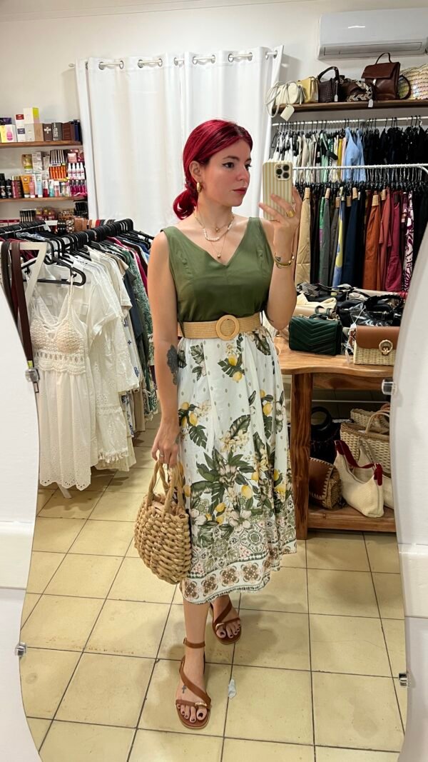 Vestido con Cinto de Rafia Falda Estampada