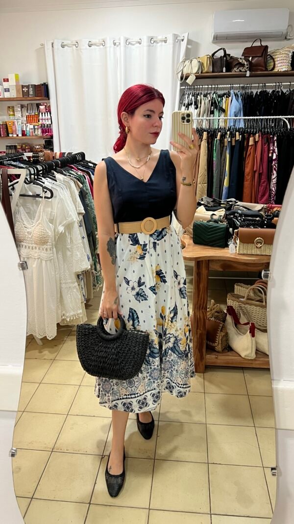 Vestido con Cinto de Rafia Falda Estampada