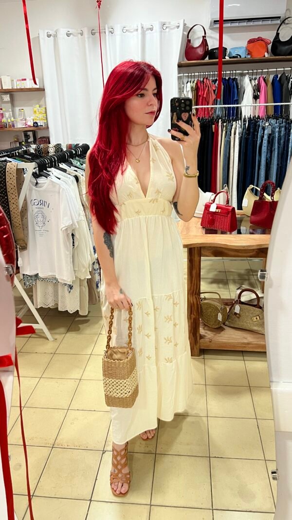 Vestido Largo Tirantes con Hojas Bordadas