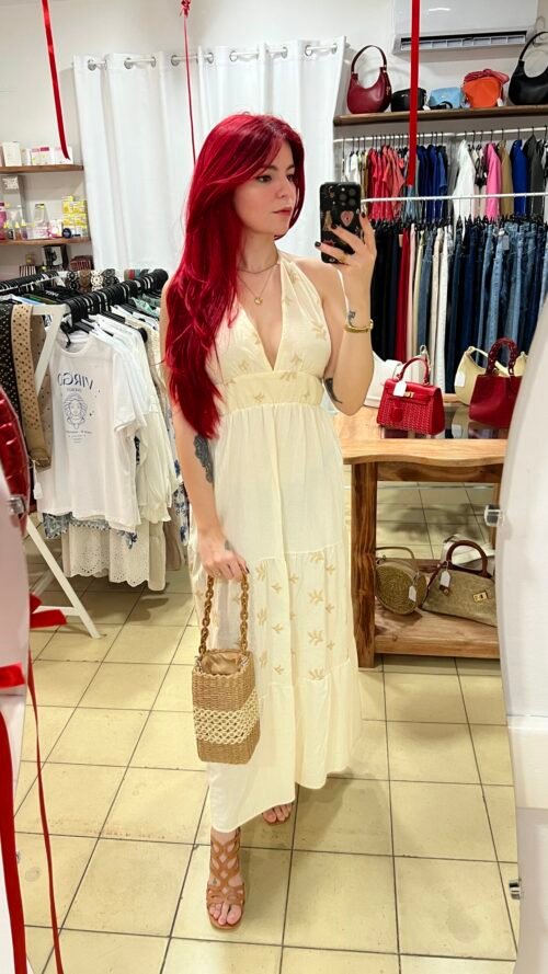 Vestido Largo Tirantes con Hojas Bordadas