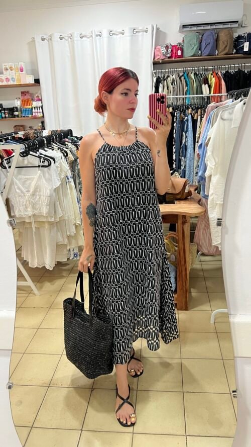 Vestido de Tira Bordada Negro y Blanco