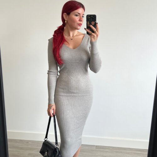 Vestido de Punto Manga Larga con Escote en la Espalda