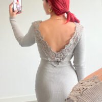 Vestido de Punto Manga Larga con Escote en la Espalda