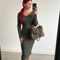 Vestido de Punto Manga Larga con Escote en la Espalda