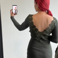 Vestido de Punto Manga Larga con Escote en la Espalda