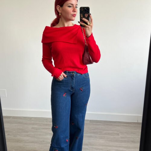 Jeans Pata Ancha Bordado Cereza