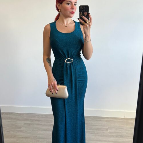 IMG_7668 Vestido Color Turquesa Adorno Dorado