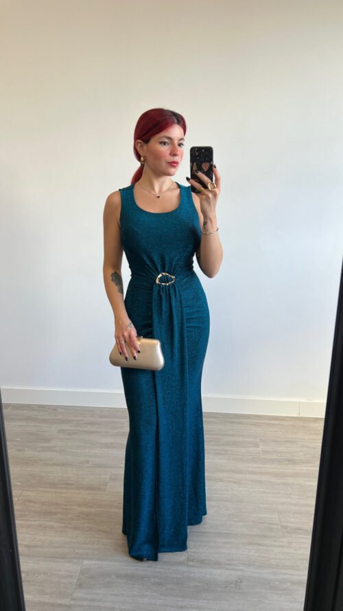 Vestido Color Turquesa Adorno Dorado