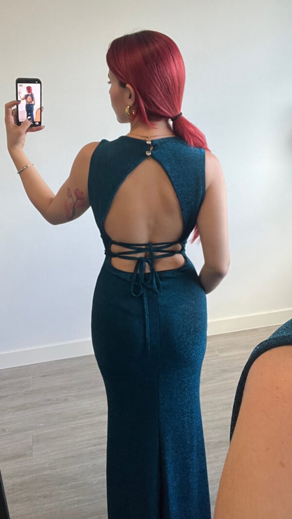 Vestido Color Turquesa Adorno Dorado