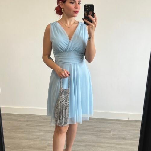 IMG_8425 Vestido Corto de Tul con Banda en la Cintura sin Mangas