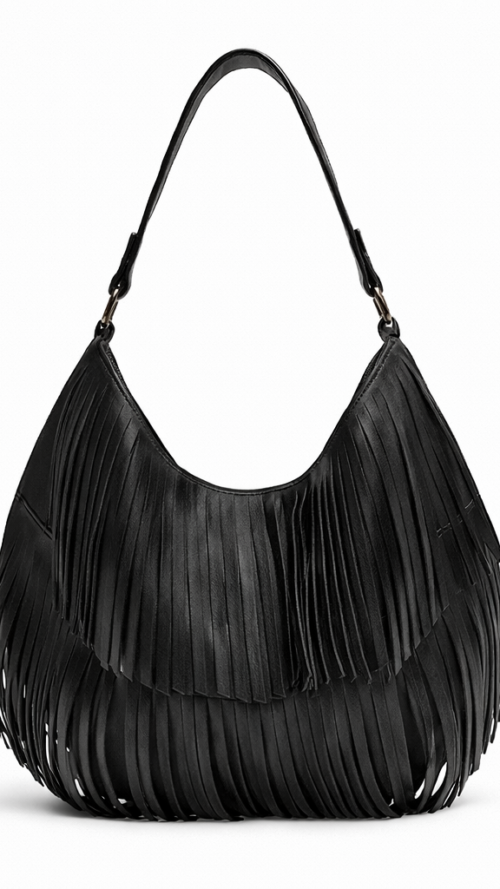 Cartera Pequeña Negra con Flecos