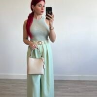 Pantalón Palazzo con Pinzas y Cinto Beige