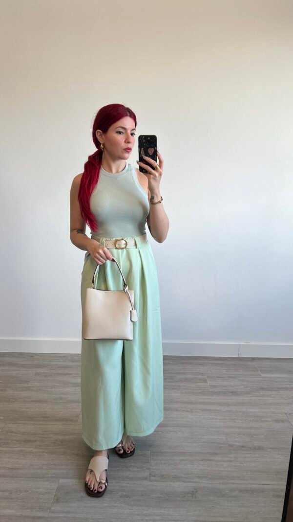 Pantalón Palazzo con Pinzas y Cinto Beige