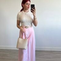 Pantalón Palazzo con Pinzas y Cinto Beige