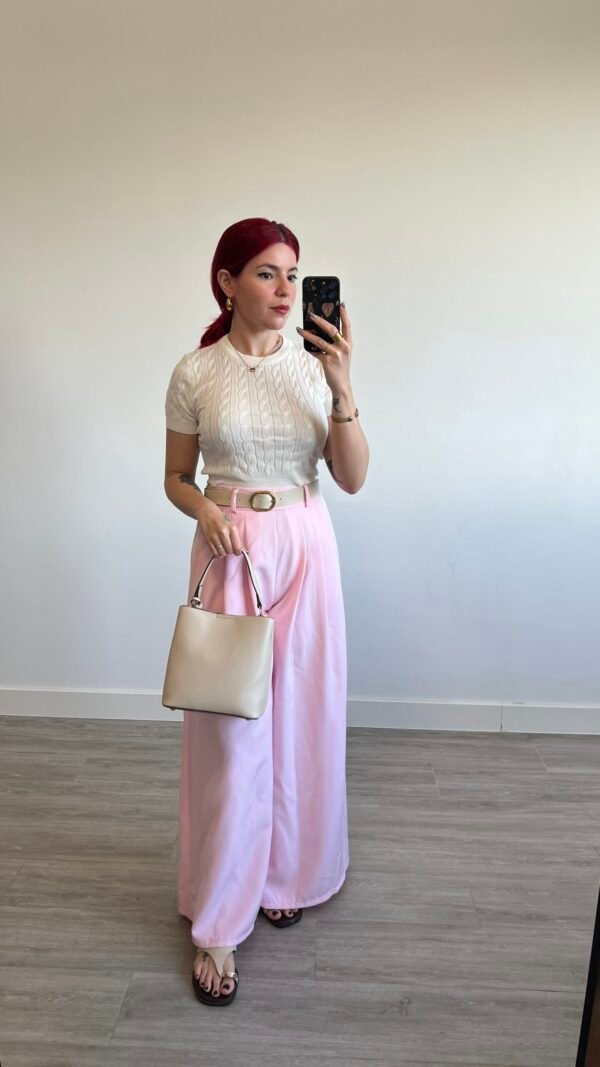 Pantalón Palazzo con Pinzas y Cinto Beige