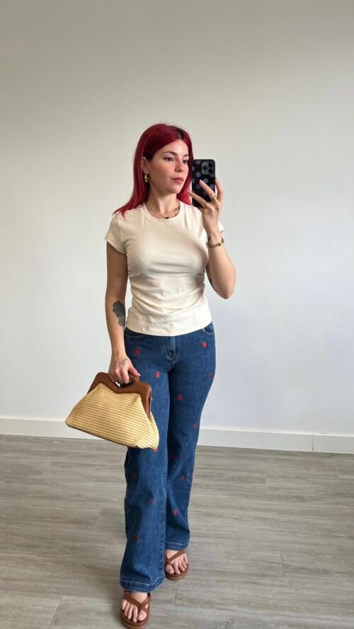 Jean Wide Leg Fresas Bordadas