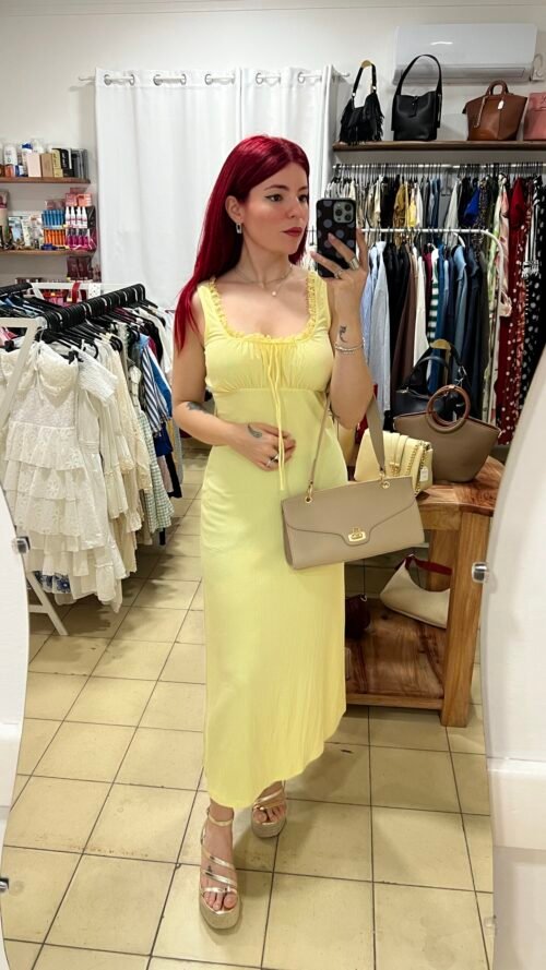 Vestido Largo Amarillo Escote Fruncido