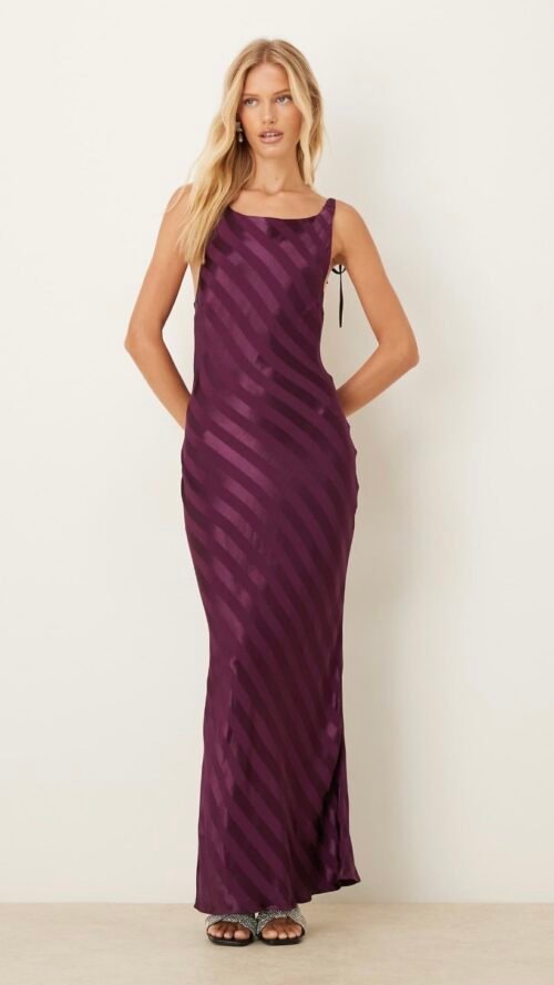 Vestido Largo Satinado Rayas Berenjena