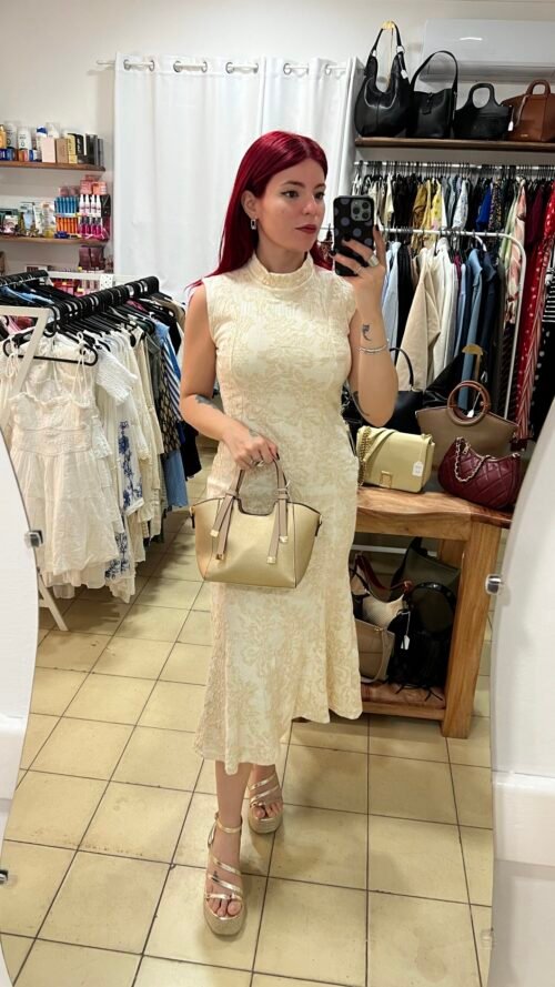 Vestido Largo Beige Estampado Dorado