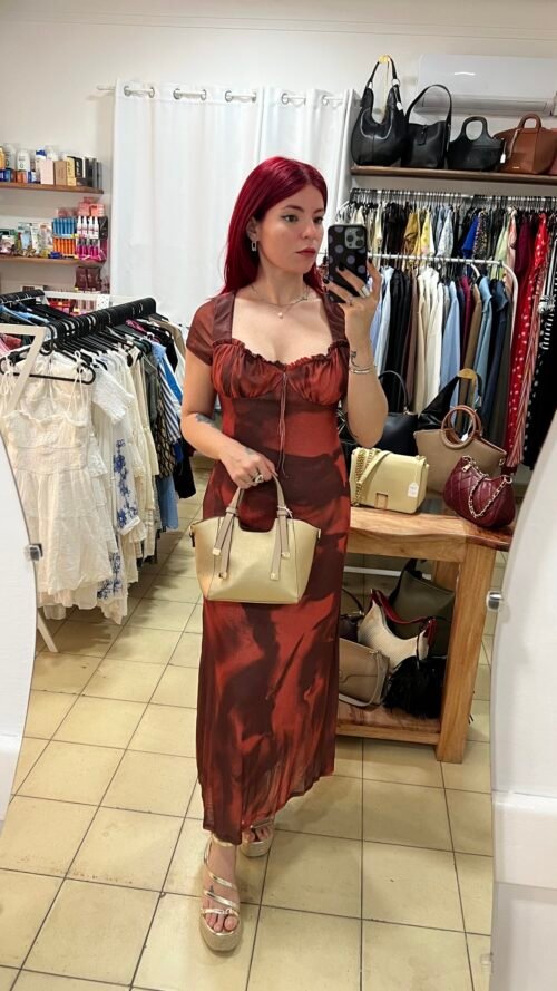 Vestido Largo Escote Corazón Marrón y Terracota