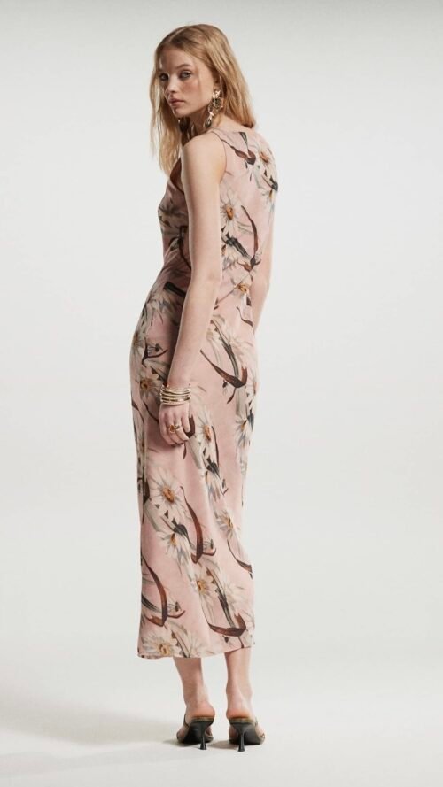 Vestido Largo Rosa Empolvado Estampado Flores