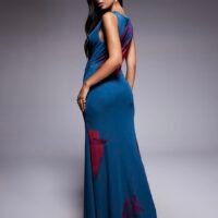 Vestido Largo de Tul Flores Aqua y Rojo