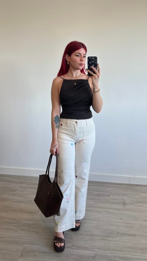 Jean Beige Wide Leg Flores Bordadas