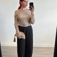 Top Manga Larga Tejido Lentejuelas