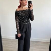 Top Manga Larga Tejido Lentejuelas