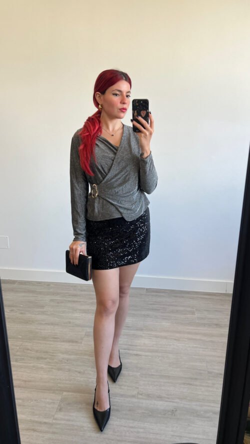 Top Manga Larga Gris con Brillo