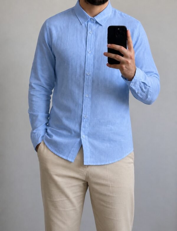 Camisa de Lino Azul Clara Mangas Largas