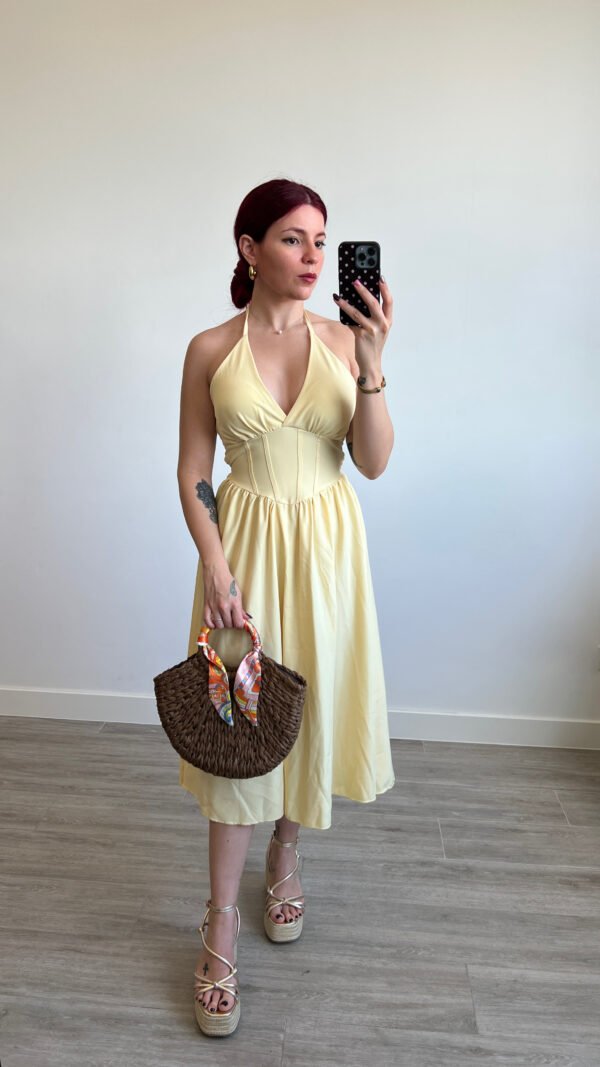 Vestido de Color Entero Atado al Cuello y Corset
