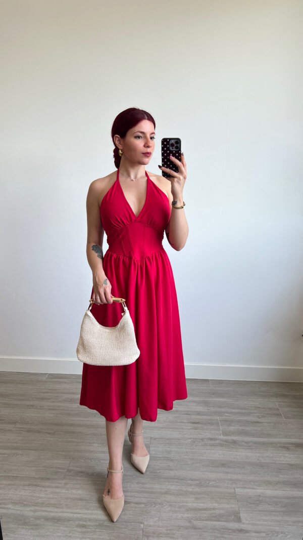 Vestido de Color Entero Atado al Cuello y Corset