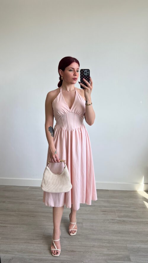 Vestido de Color Entero Atado al Cuello y Corset