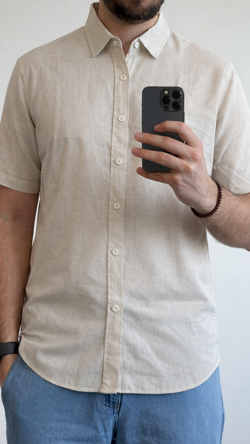 camisa de lino manga corta Camisa de Lino Beige Manga Corta