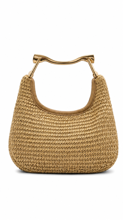 DDA515F9-A75B-426D-9924-3231E635D268 Cartera Imitación Rafia Asa Dorada