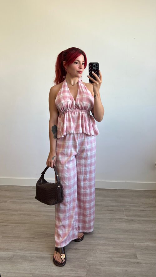 Conunto Pantalón y Blusa Cuadros Rosa y Blanco