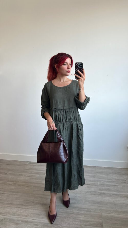 Vestido Mangas Largas Cintura Fruncida